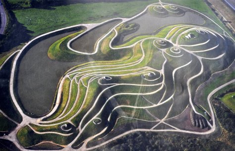 An aerial view of Northumberlandia, with her head on the right and feet on the left.