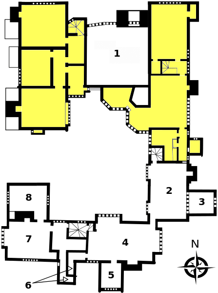 The first floor-plan (shaded areas not open). 1. Great Hall. 2. Prayer Room - now housing exhibits showing how the hall was constructed. 4. Guests' Hall. 5. Porch Room. 6. Garderobe and privy. 7. Guests' Parlour. 8. Brewhouse Chamber.