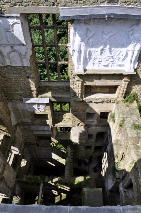 Looking down six floors in the Old Hall. And the magnificent plasterwork on the walls.